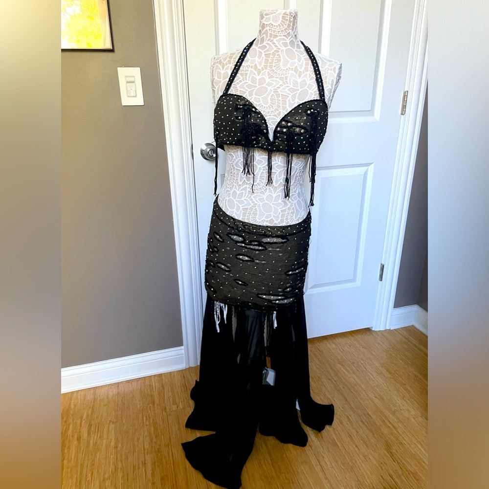 Black with brown accents shimmery belly dance costume.